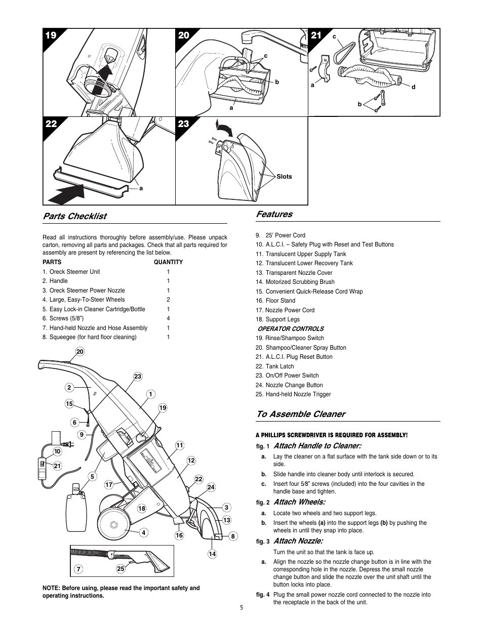 Parts checklist, Features, Attach handle to cleaner | Attach wheels, Attach nozzle | Oreck XL SHIELD Power Scrubber M900 User Manual | Page 5 / 8