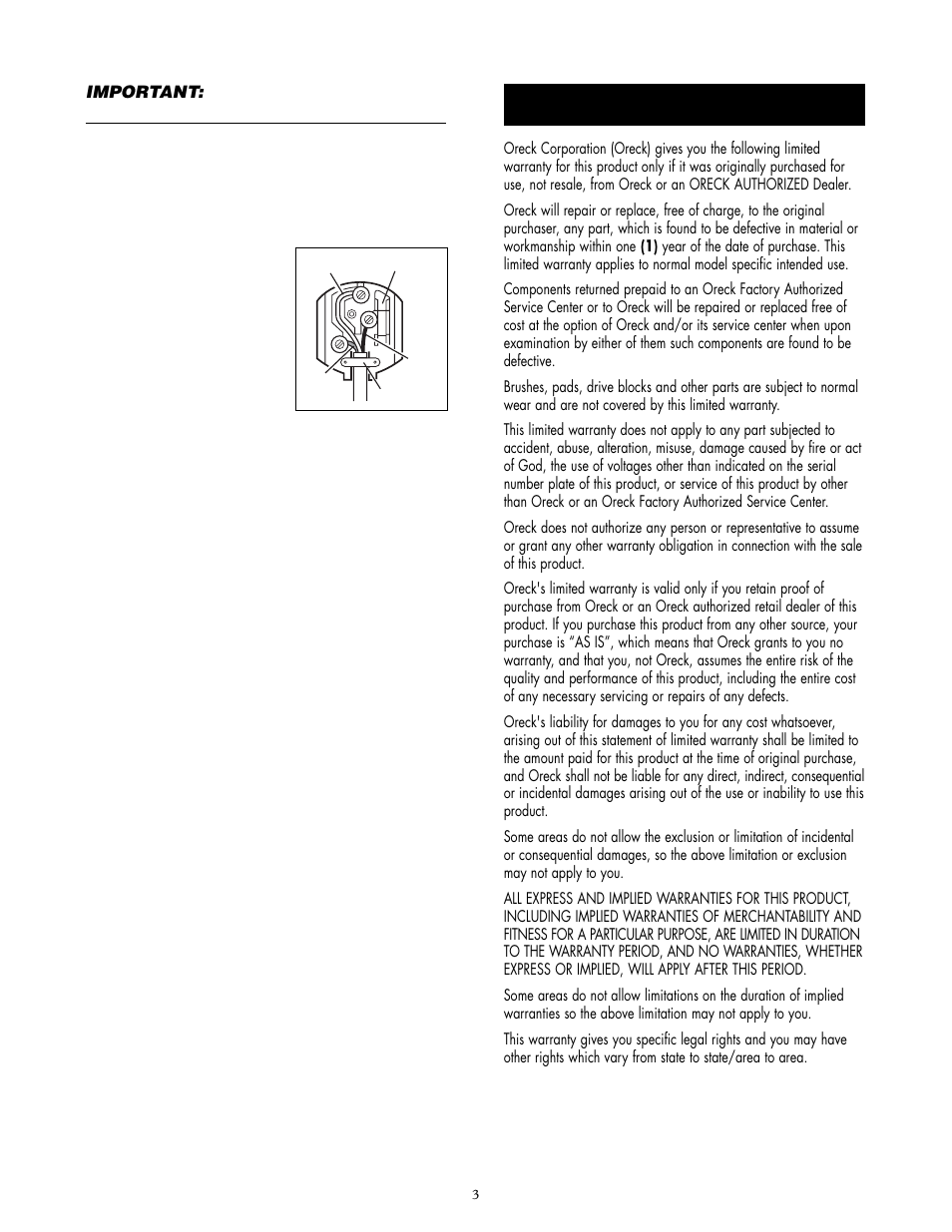 Arranty, Important: where necessary for plug to be fitted | Oreck ORBITER ORB480 User Manual | Page 3 / 8