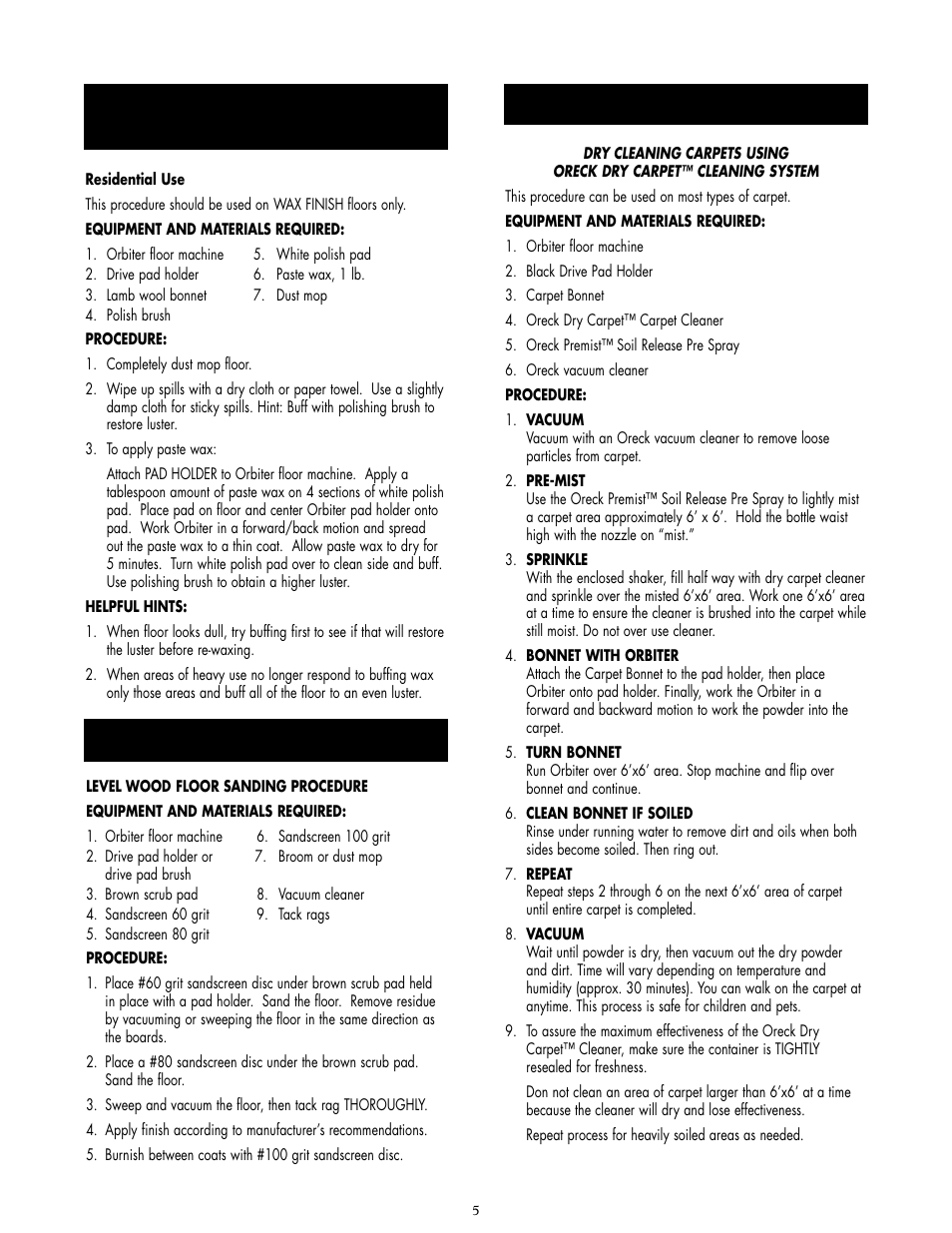 Ardwood, Loor, Leaning | Rocedure, Arpets, Andscreening | Oreck ORBITER ORB480 User Manual | Page 5 / 8