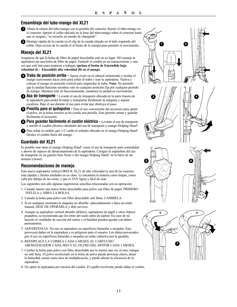 Ensamblaje del tubo-mango del xl21, Guardado del xl21, Recomendaciones de manejo | Manejo del xl21 | Oreck XL21 User Manual | Page 13 / 28