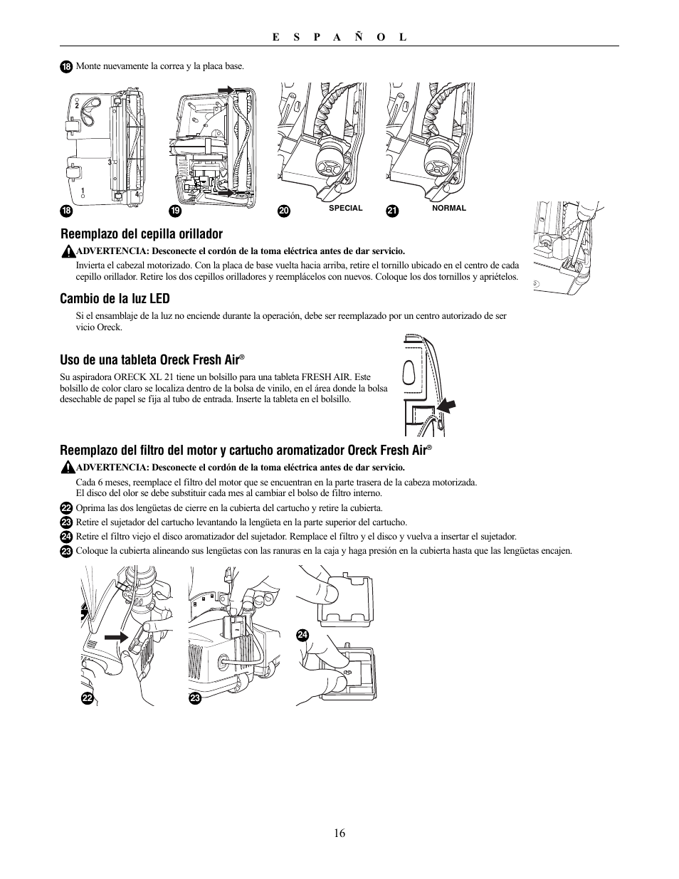 Cambio de la luz led, Reemplazo del cepilla orillador, Uso de una tableta oreck fresh air | Oreck XL21 User Manual | Page 16 / 28