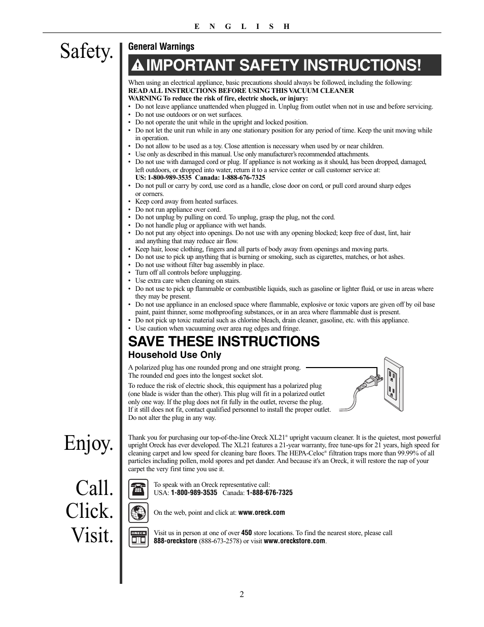 Safety, Enjoy. call. click. visit, Important safety instructions | Save these instructions, Other oreck accessories available at | Oreck XL21 User Manual | Page 2 / 28