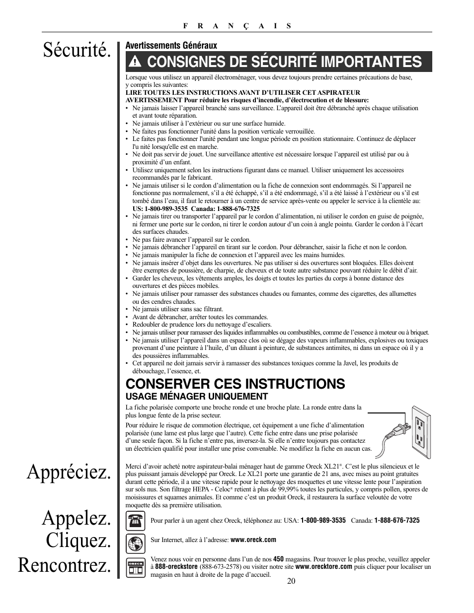 Sécurité, Appréciez. appelez. cliquez. rencontrez, Consignes de sécurité importantes | Conserver ces instructions, Other oreck accessories available at | Oreck XL21 User Manual | Page 20 / 28