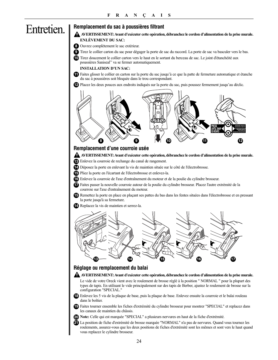 Entretien, Remplacement du sac à poussières filtrant, Remplacement d’une courroie usée | Réglage ou remplacement du balai | Oreck XL21 User Manual | Page 24 / 28
