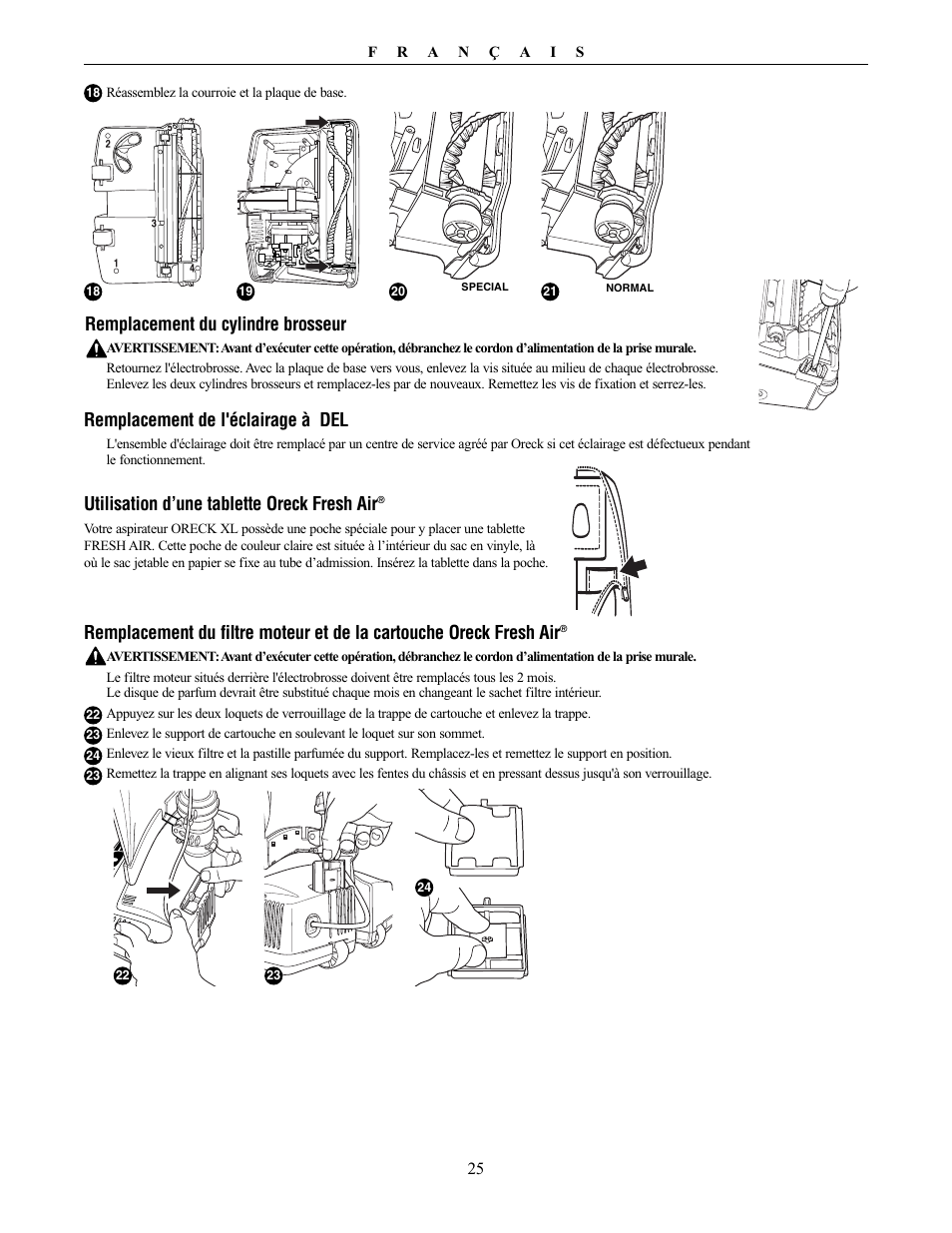 Remplacement de l'éclairage à del, Remplacement du cylindre brosseur, Utilisation d’une tablette oreck fresh air | Oreck XL21 User Manual | Page 25 / 28