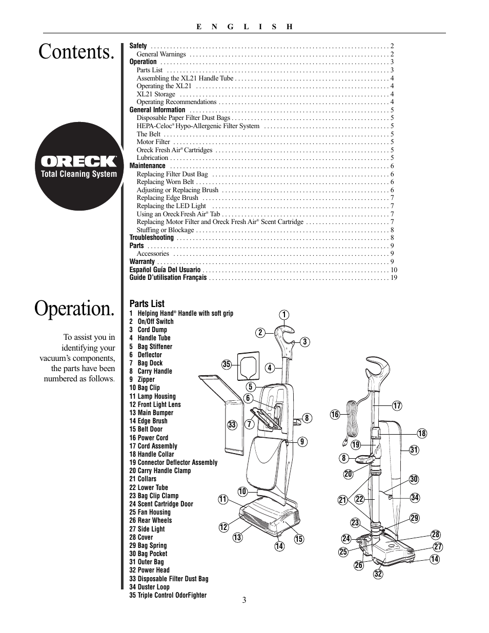 Oreck XL21 User Manual | Page 3 / 28