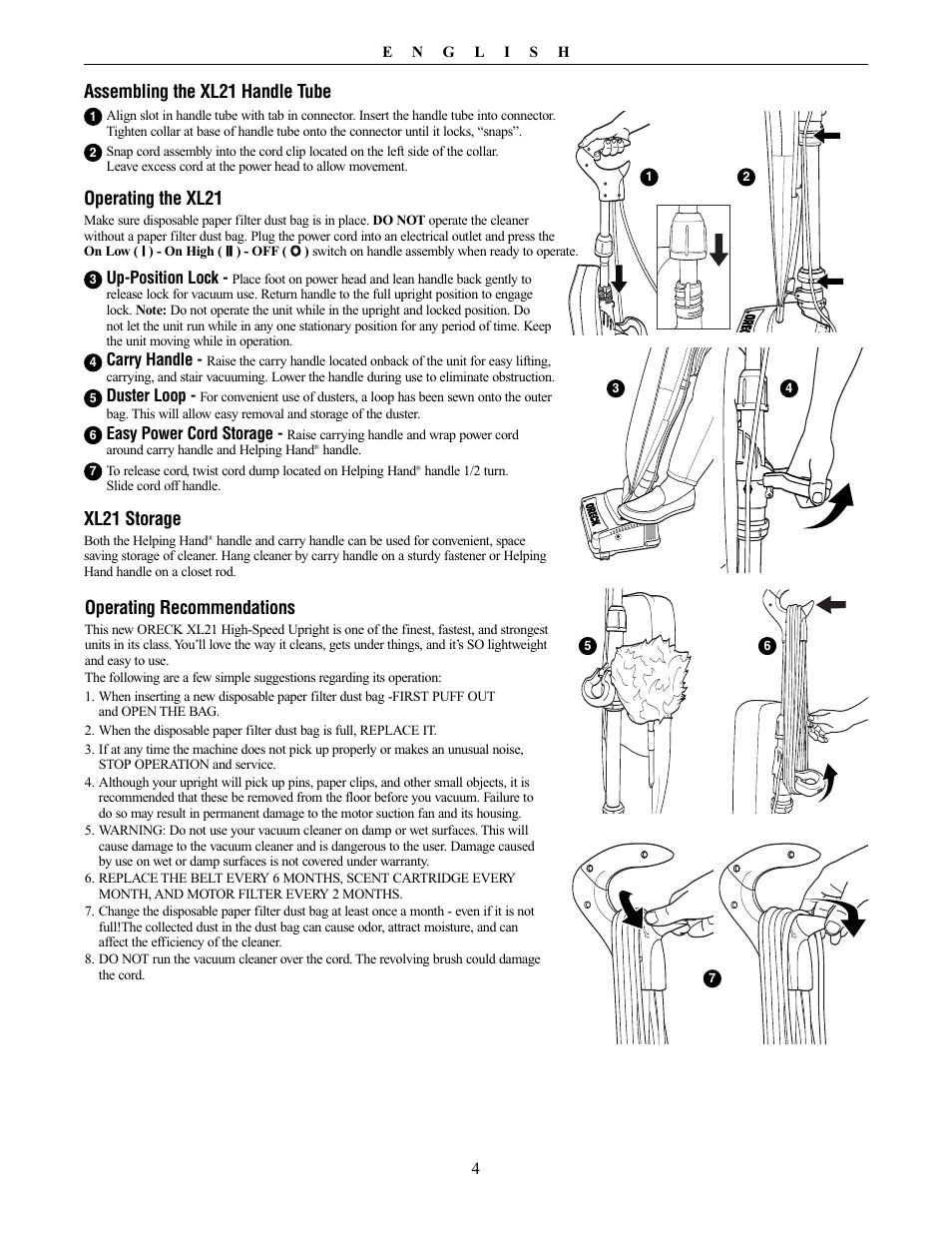 Assembling the xl21 handle tube, Xl21 storage, Operating recommendations | Operating the xl21 | Oreck XL21 User Manual | Page 4 / 28