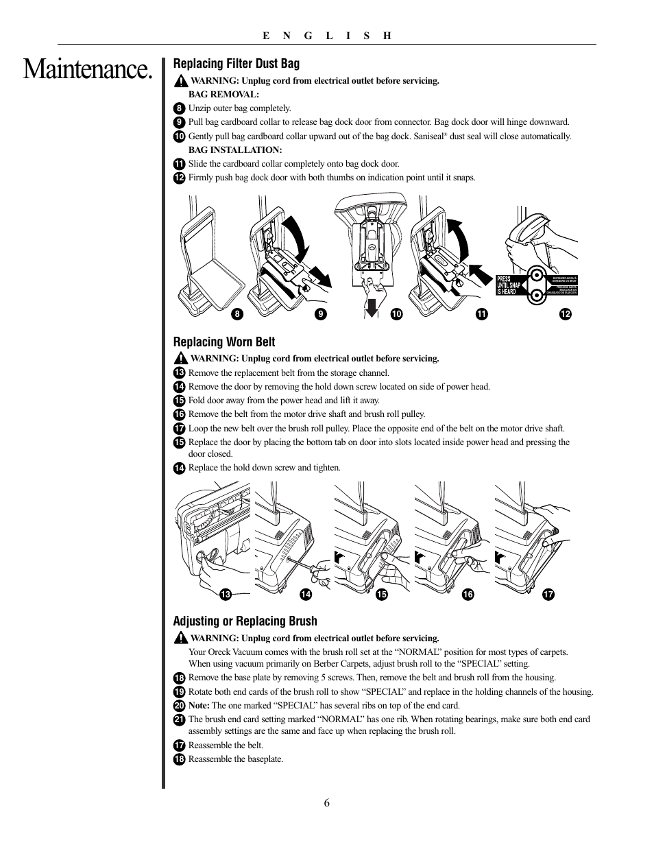 Maintenance, Replacing filter dust bag, Replacing worn belt | Adjusting or replacing brush | Oreck XL21 User Manual | Page 6 / 28