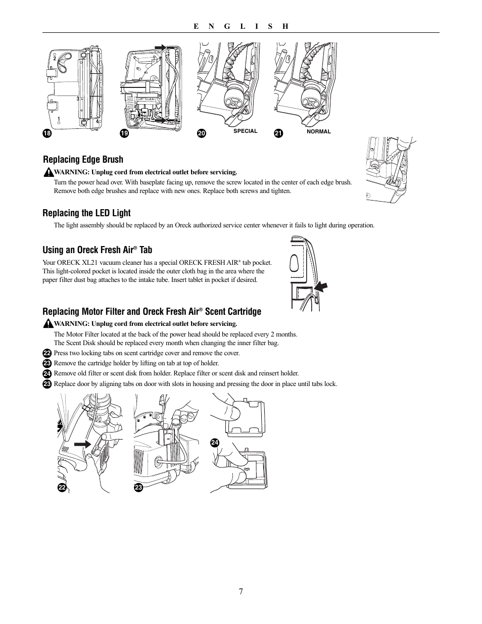 Replacing the led light, Replacing edge brush, Using an oreck fresh air | Replacing motor filter and oreck fresh air, Scent cartridge | Oreck XL21 User Manual | Page 7 / 28