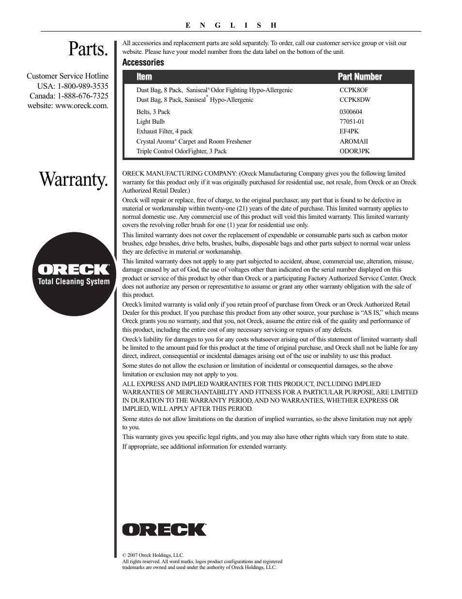 Parts, Warranty | Oreck XL21 User Manual | Page 9 / 28