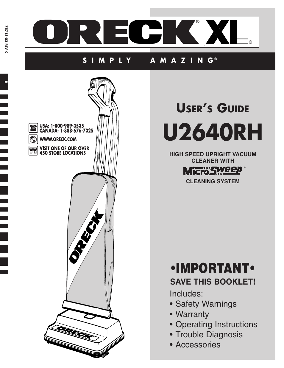 Oreck U2640RH User Manual | 8 pages