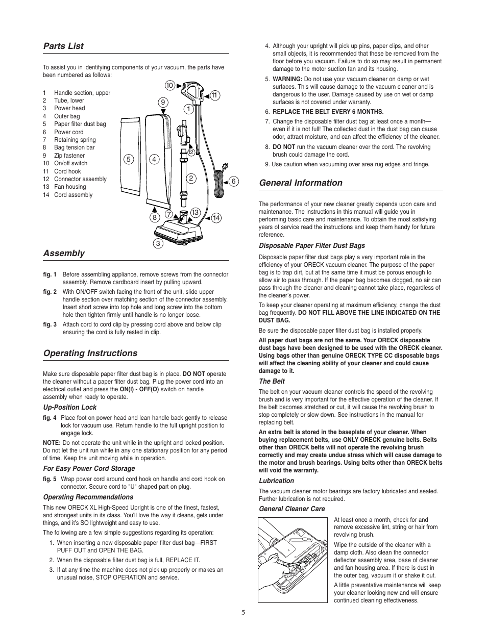 Parts list, Assembly, Operating instructions | General information | Oreck U2640RH User Manual | Page 5 / 8