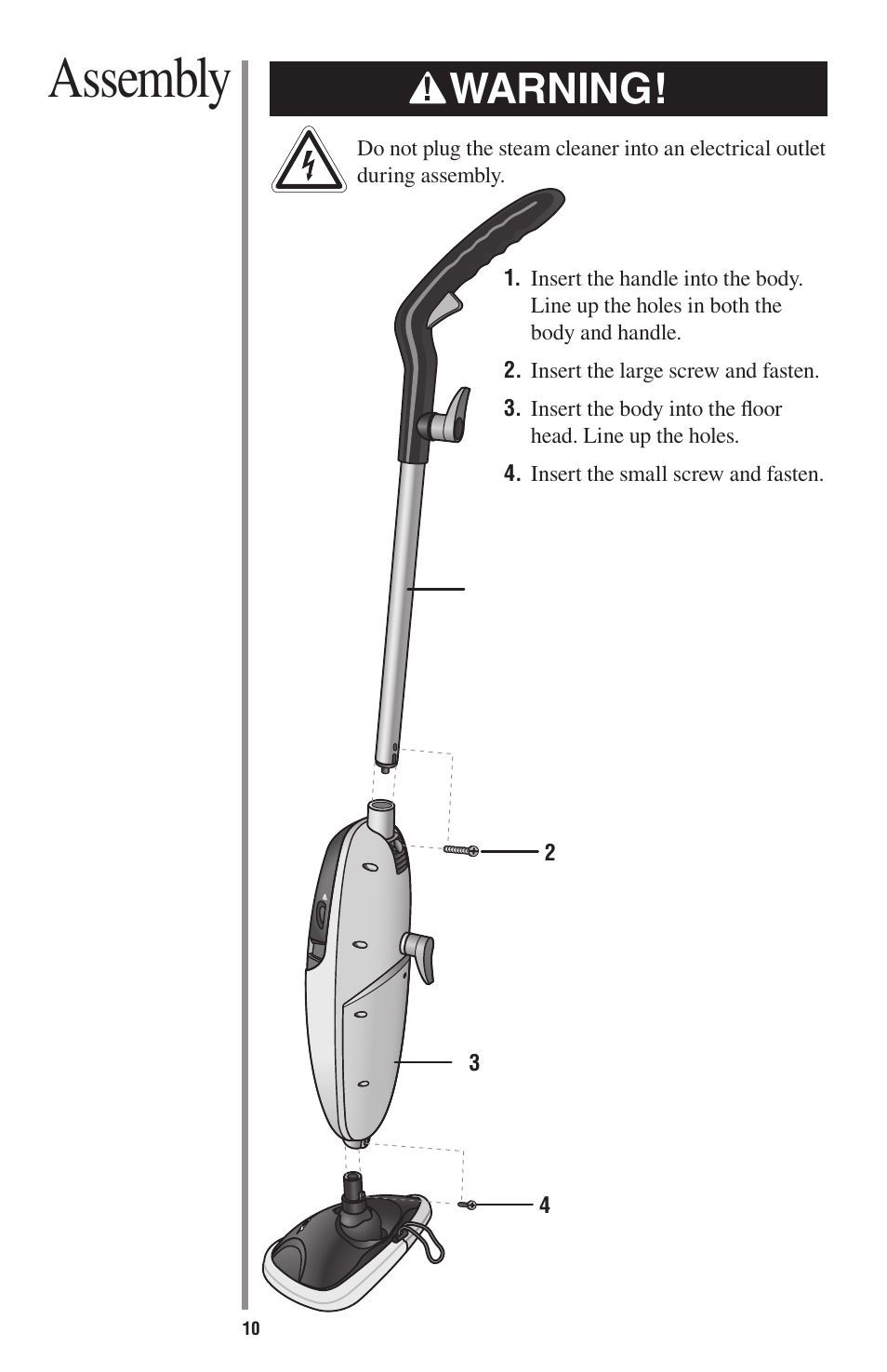 Assembly, Warning | Oreck 75 User Manual | Page 10 / 24