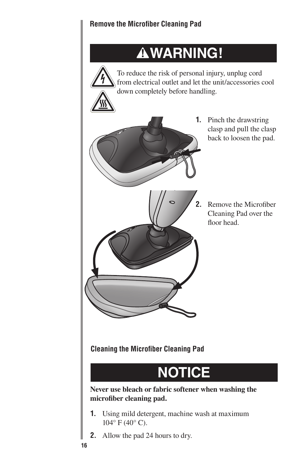 Notice, Warning | Oreck 75 User Manual | Page 16 / 24