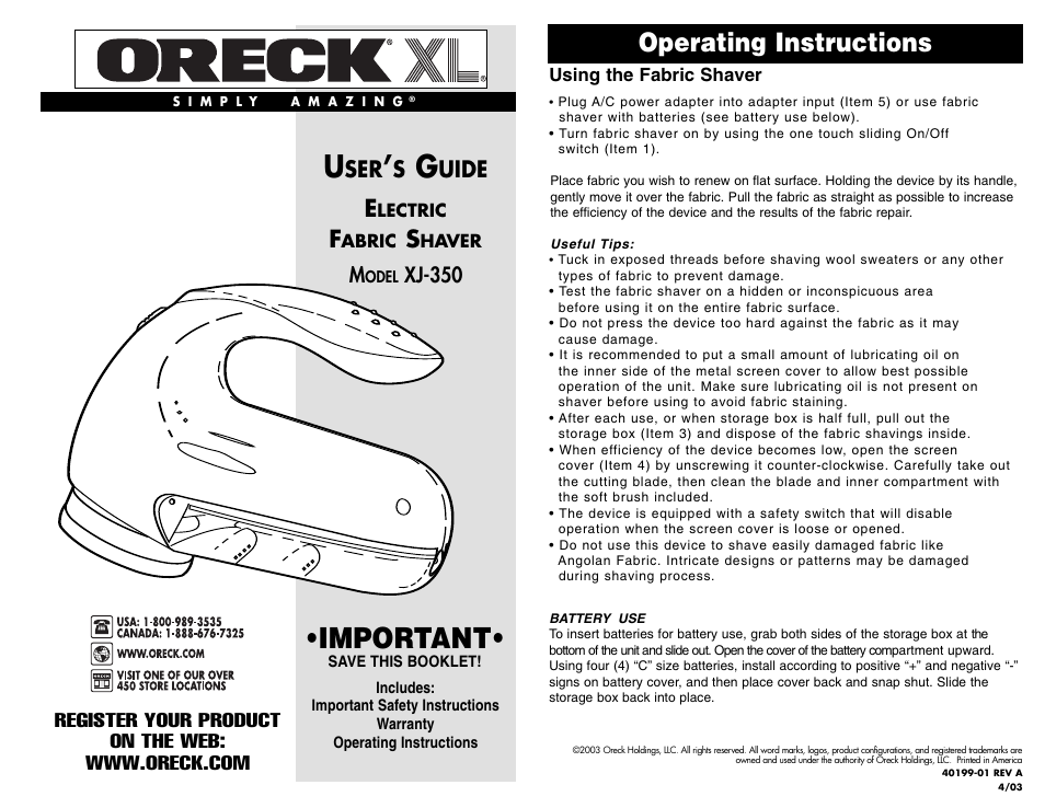 Oreck XJ-350 User Manual | 2 pages