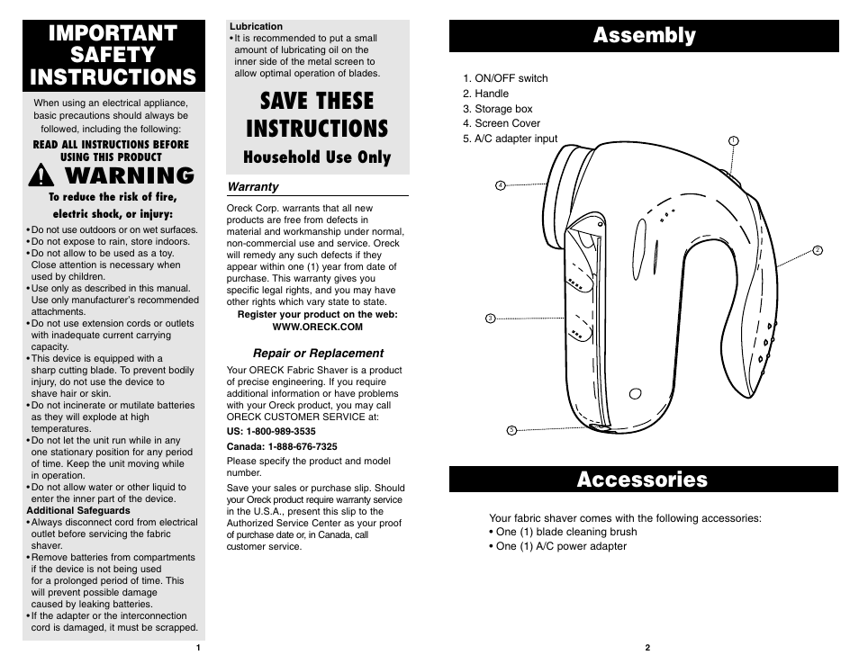 Save these instructions, Warning, Important safety instructions | Assembly accessories, Household use only | Oreck XJ-350 User Manual | Page 2 / 2