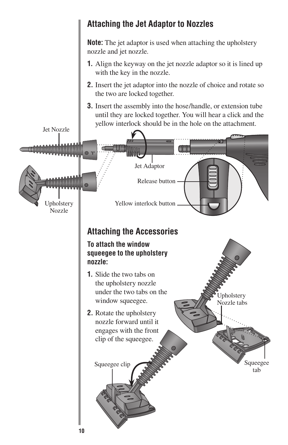 Attaching the jet adaptor to nozzles, Attaching the accessories | Oreck STEAM-ALL STEAM200 User Manual | Page 10 / 24