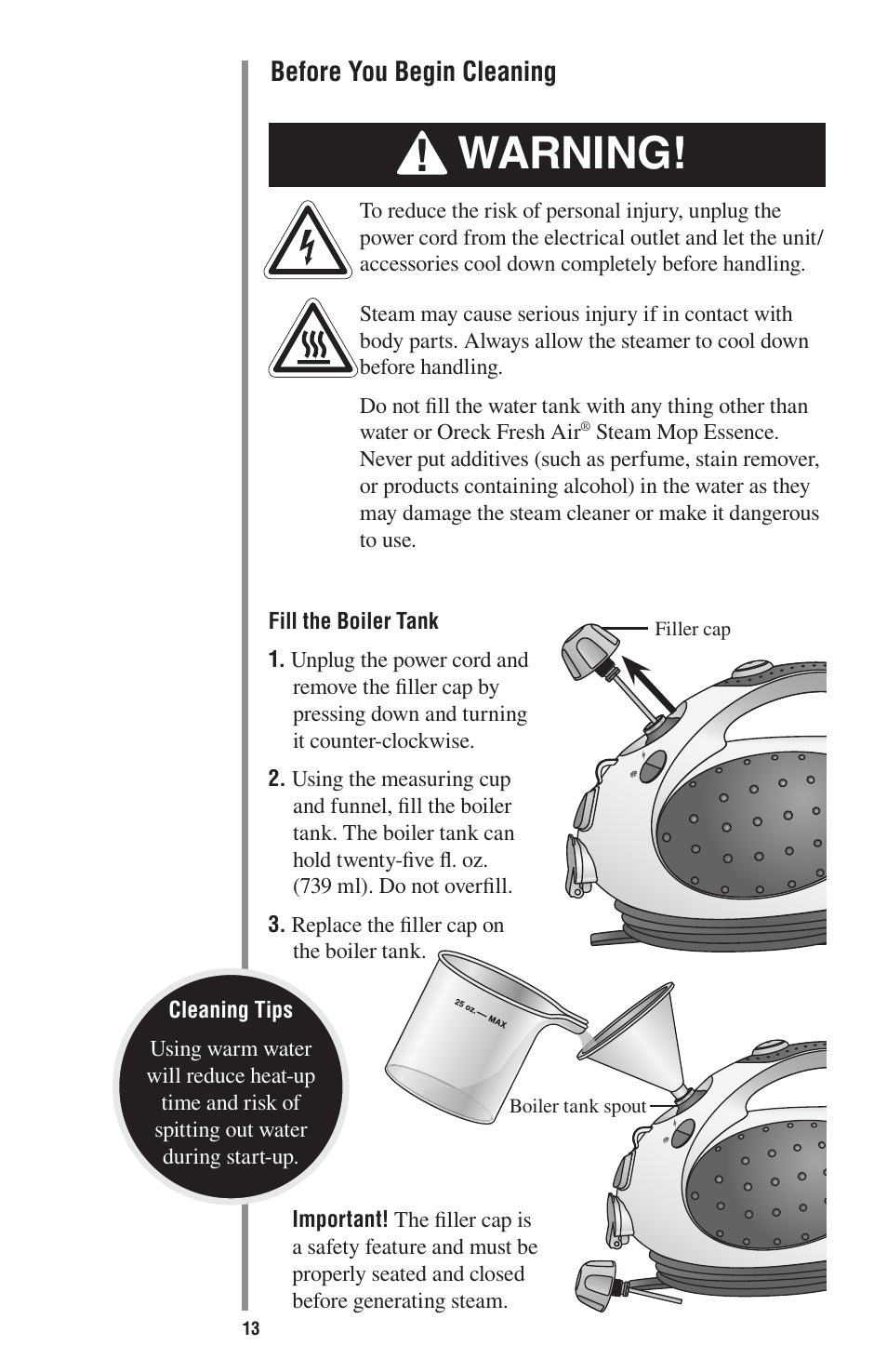 Warning | Oreck STEAM-ALL STEAM200 User Manual | Page 13 / 24