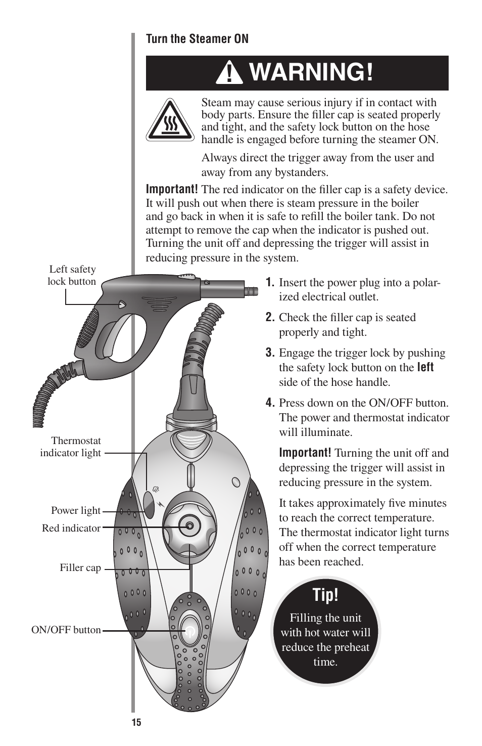 Warning | Oreck STEAM-ALL STEAM200 User Manual | Page 15 / 24