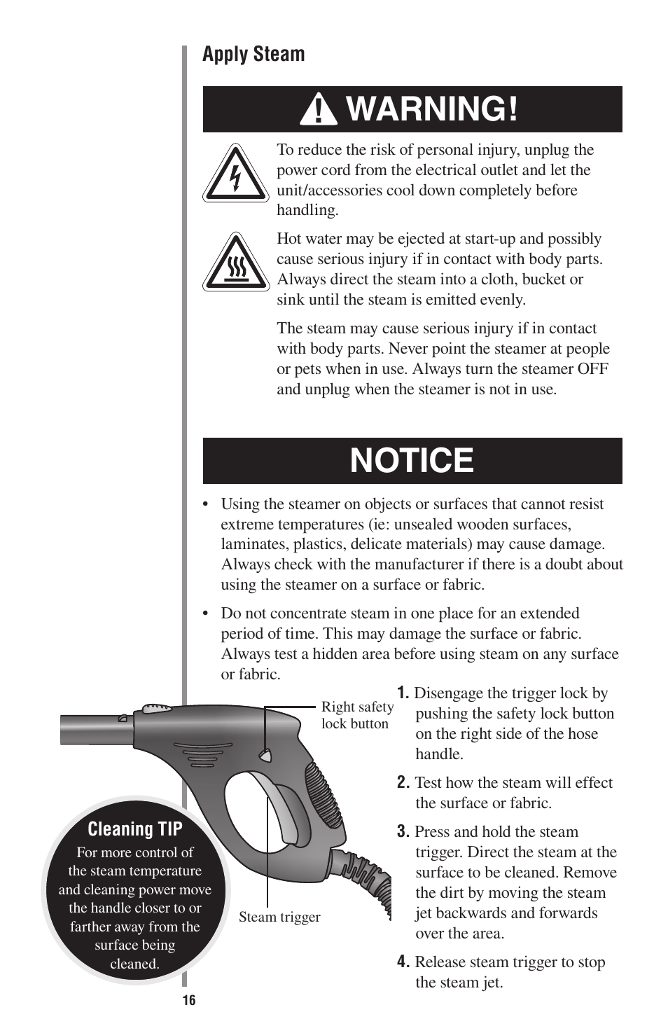 Warning, Notice | Oreck STEAM-ALL STEAM200 User Manual | Page 16 / 24