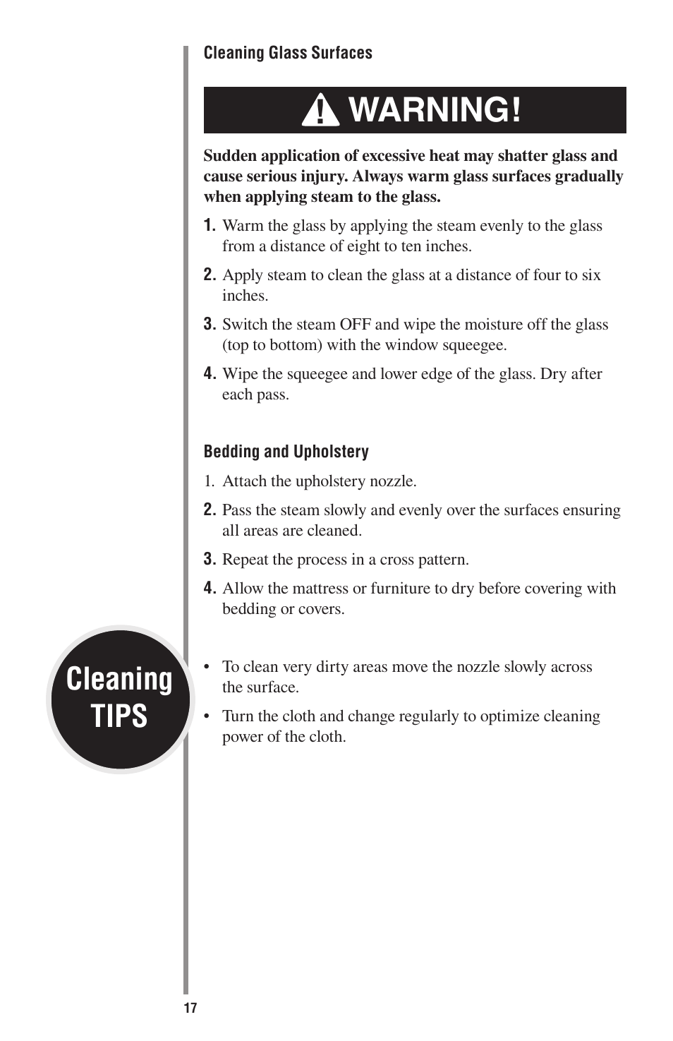Warning, Cleaning tips | Oreck STEAM-ALL STEAM200 User Manual | Page 17 / 24