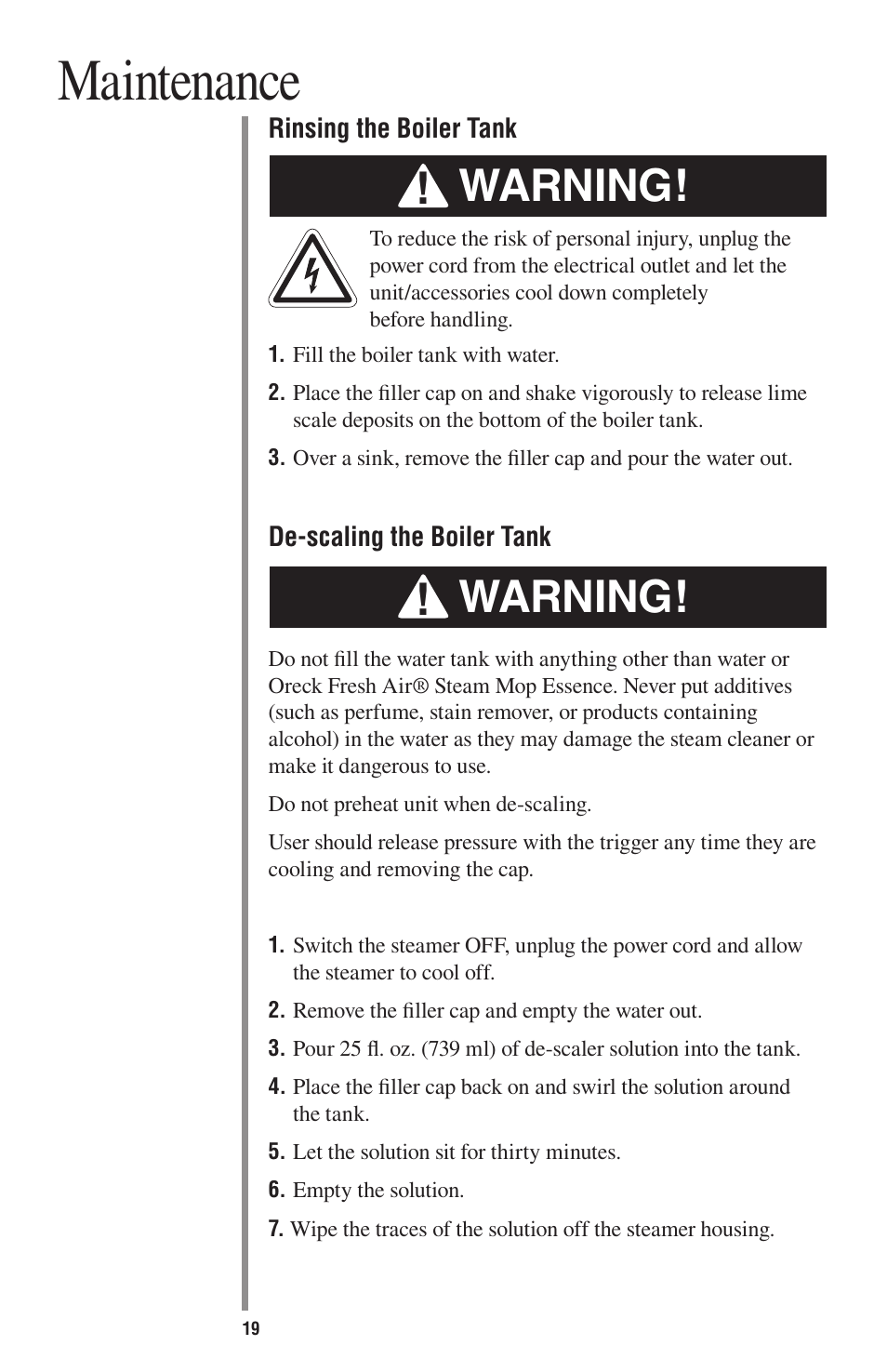 Maintenance, Warning | Oreck STEAM-ALL STEAM200 User Manual | Page 19 / 24