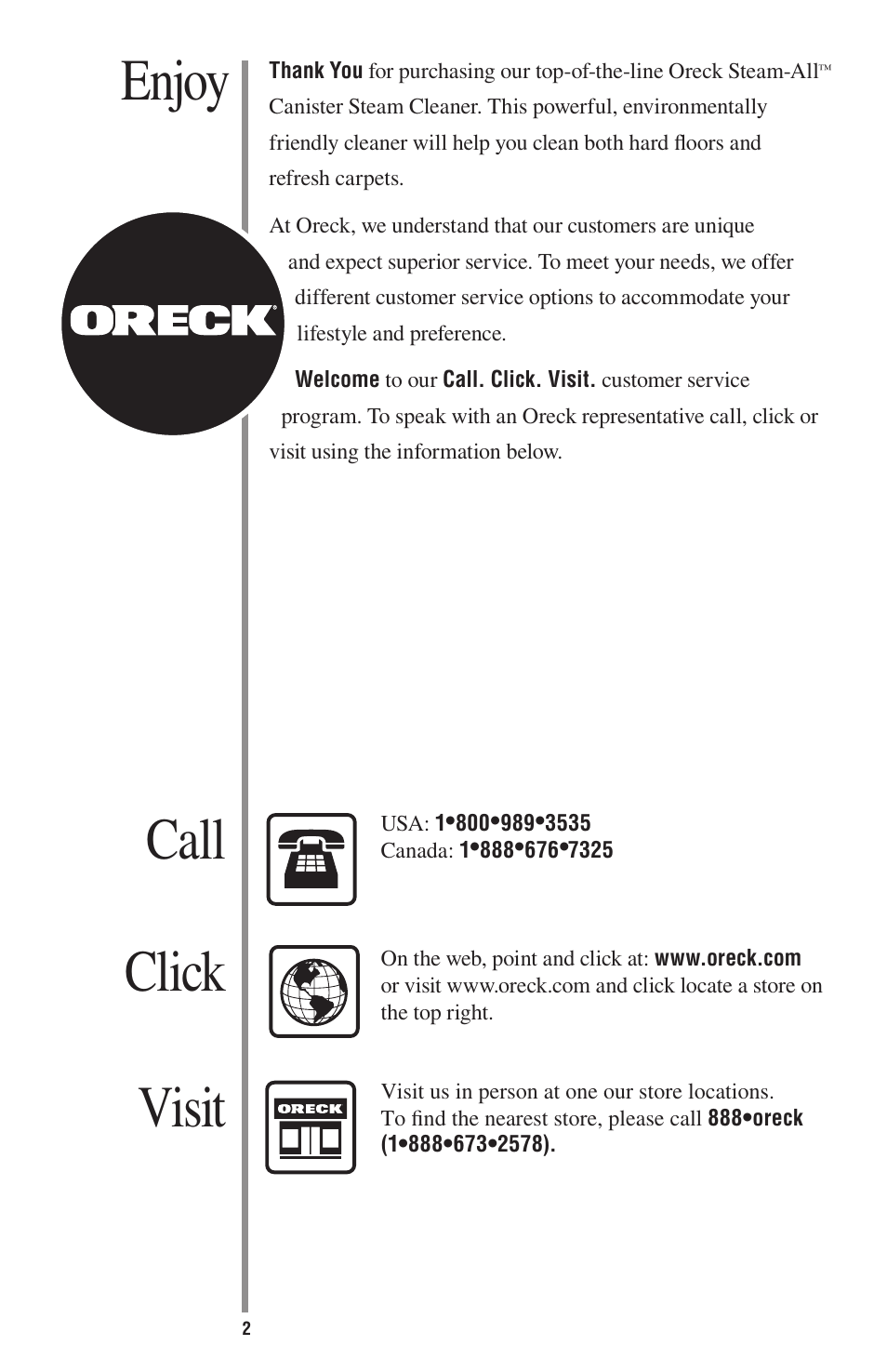 Enjoy click call visit, Other oreck accessories available at | Oreck STEAM-ALL STEAM200 User Manual | Page 2 / 24