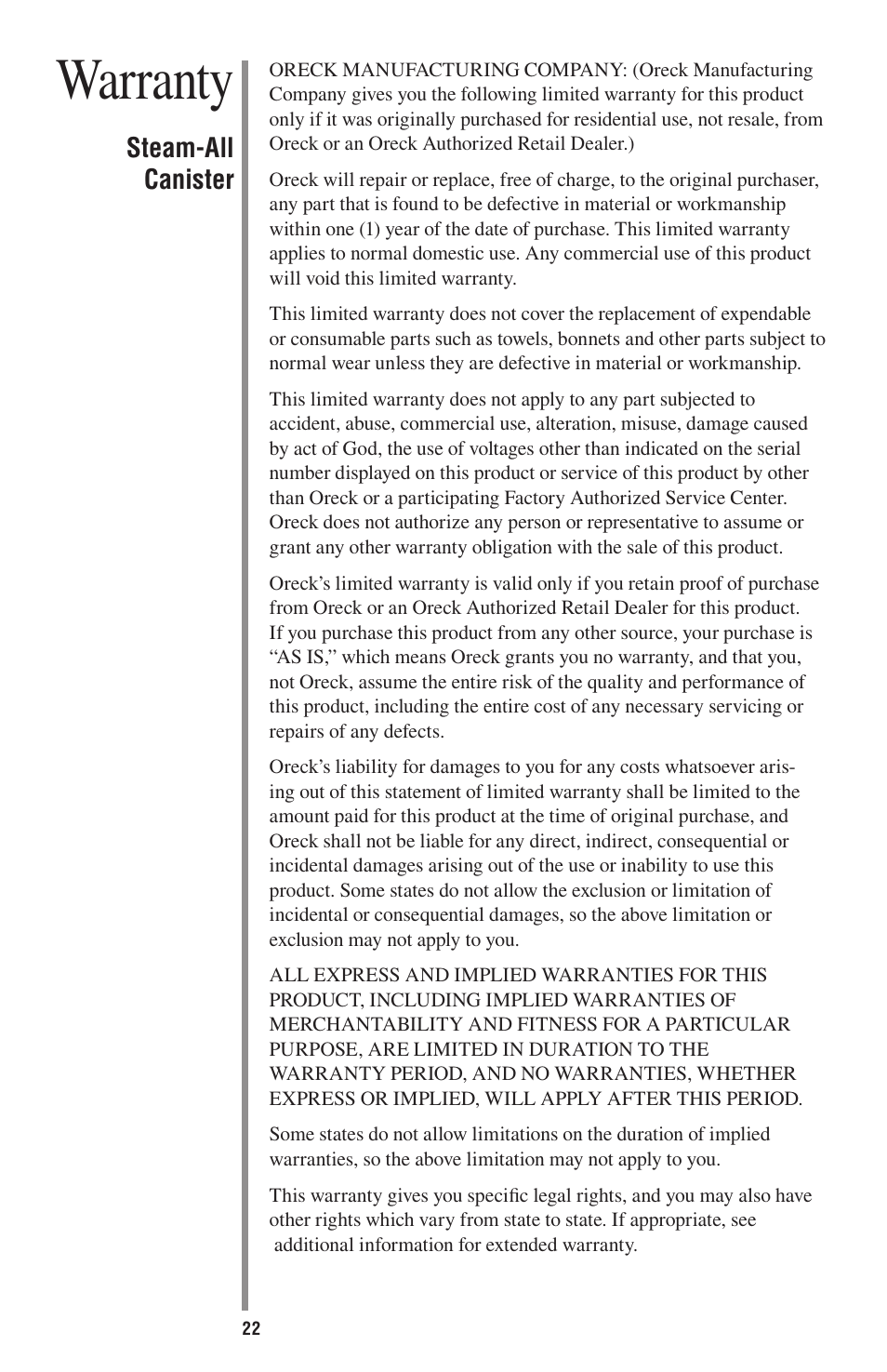 Warranty | Oreck STEAM-ALL STEAM200 User Manual | Page 22 / 24