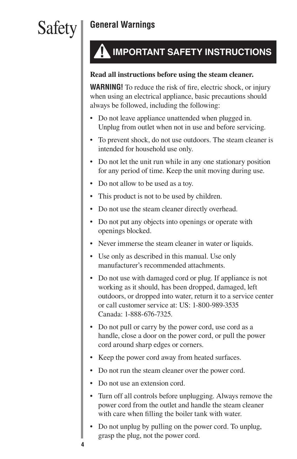 Safety | Oreck STEAM-ALL STEAM200 User Manual | Page 4 / 24