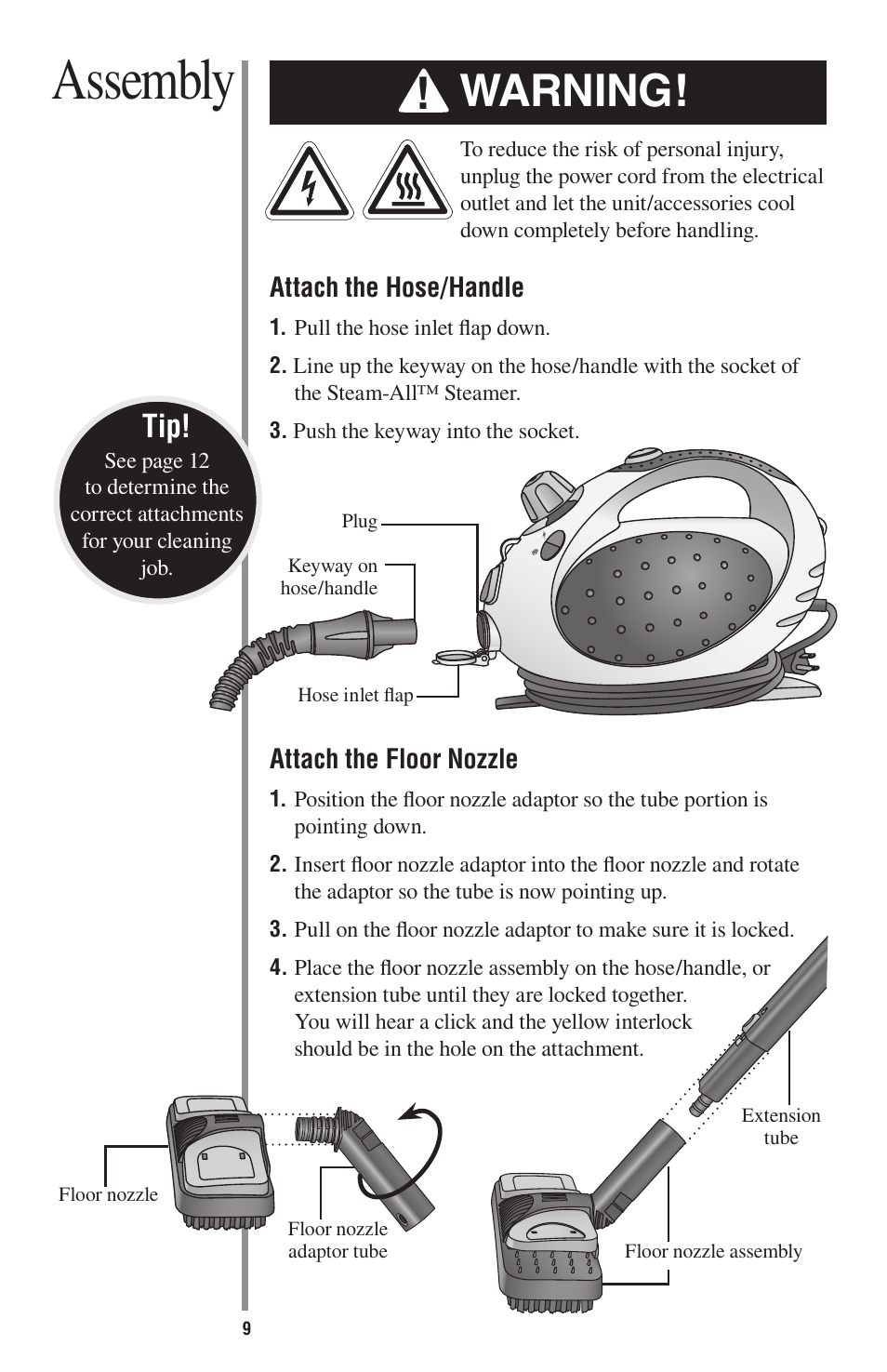 Assembly, Warning | Oreck STEAM-ALL STEAM200 User Manual | Page 9 / 24