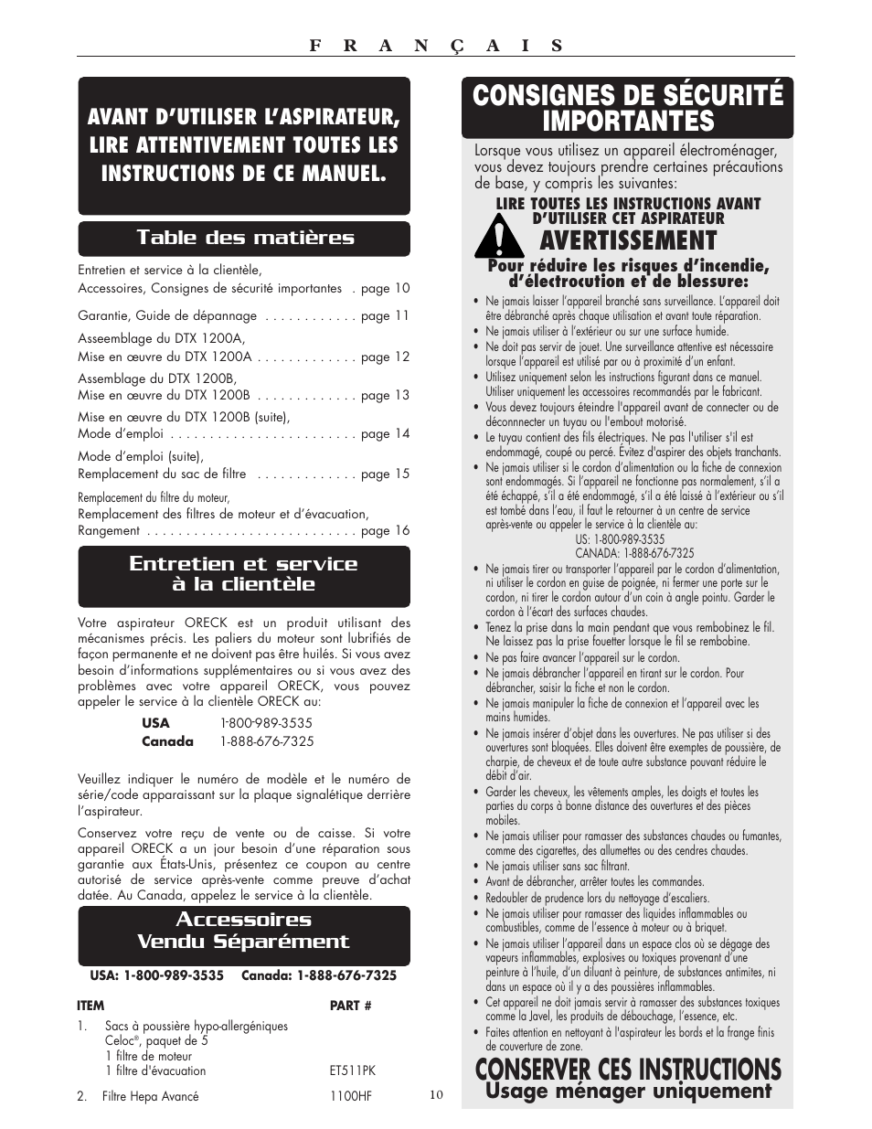 Avertissement, Ccessoires vendu séparément, Ntretien et service à la clientèle | Usage ménager uniquement | Oreck Xl DTX User Manual | Page 10 / 24