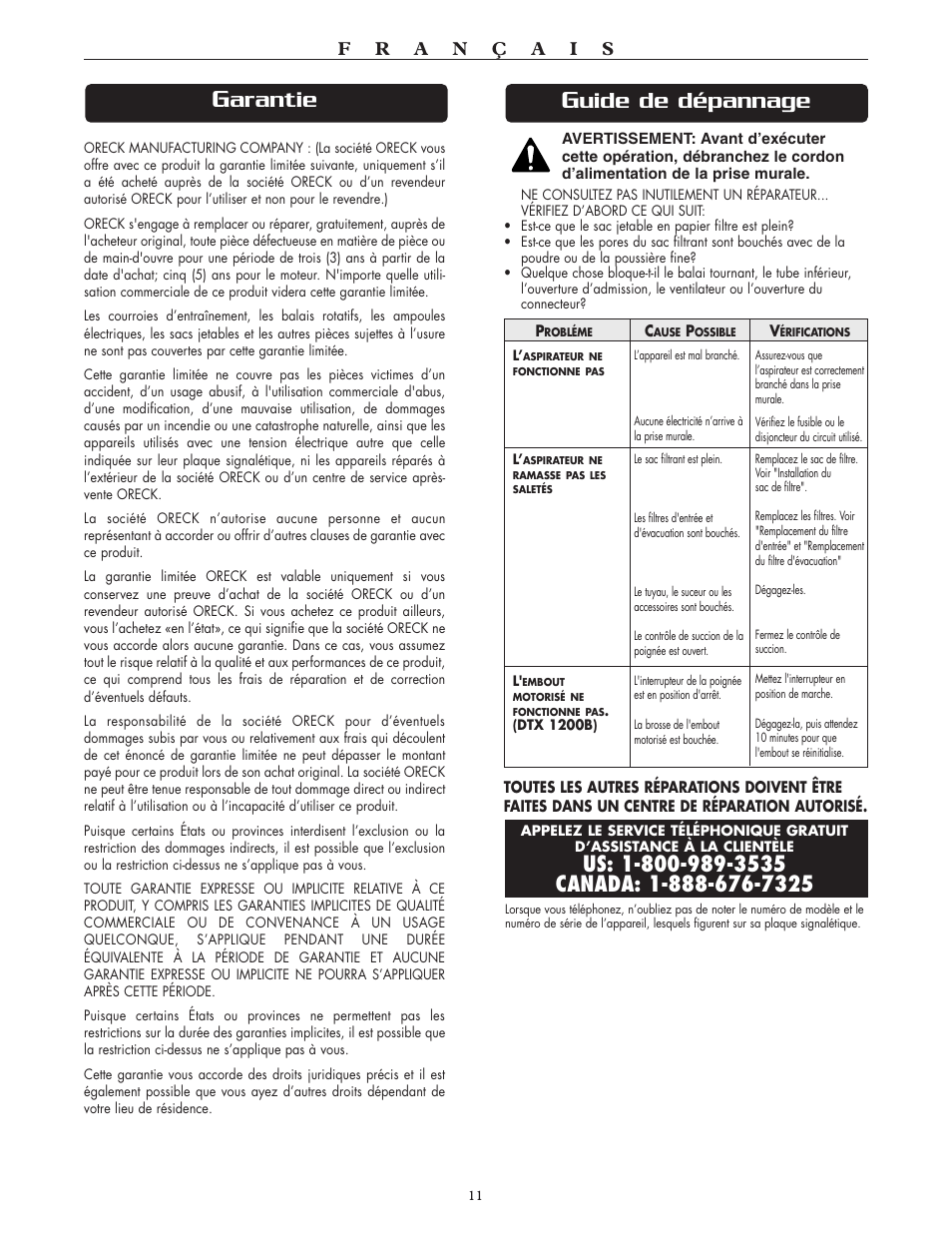 Arantie, Uide de dépannage | Oreck Xl DTX User Manual | Page 11 / 24