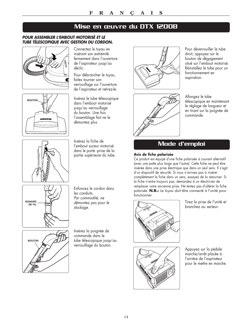 Mise en œuvre du dtx 1200b, Ode d’emploi | Oreck Xl DTX User Manual | Page 14 / 24