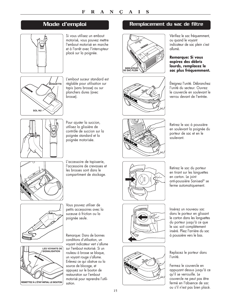 Ode d’emploi, Emplacement du sac de filtre | Oreck Xl DTX User Manual | Page 15 / 24