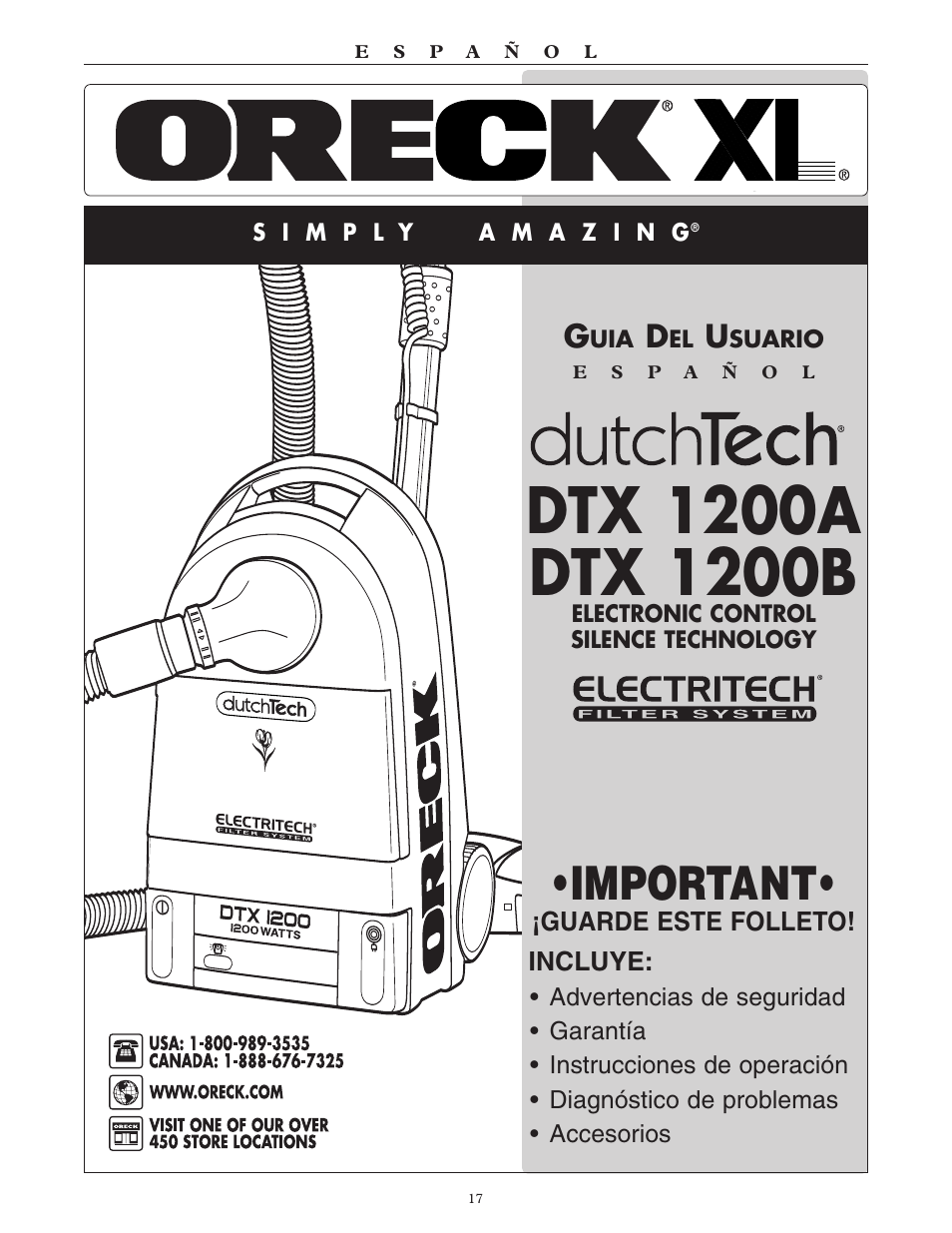 Important, Guarde este folleto! incluye | Oreck Xl DTX User Manual | Page 17 / 24