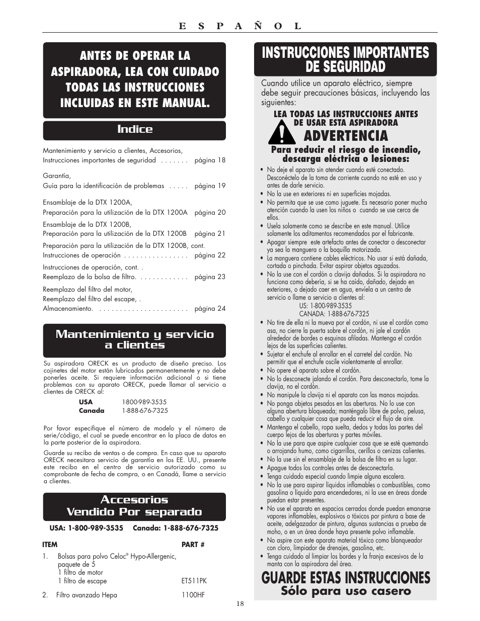 Advertencia, Antenimiento y servicio a clientes, Ccesorios vendido por separado | Sólo para uso casero | Oreck Xl DTX User Manual | Page 18 / 24
