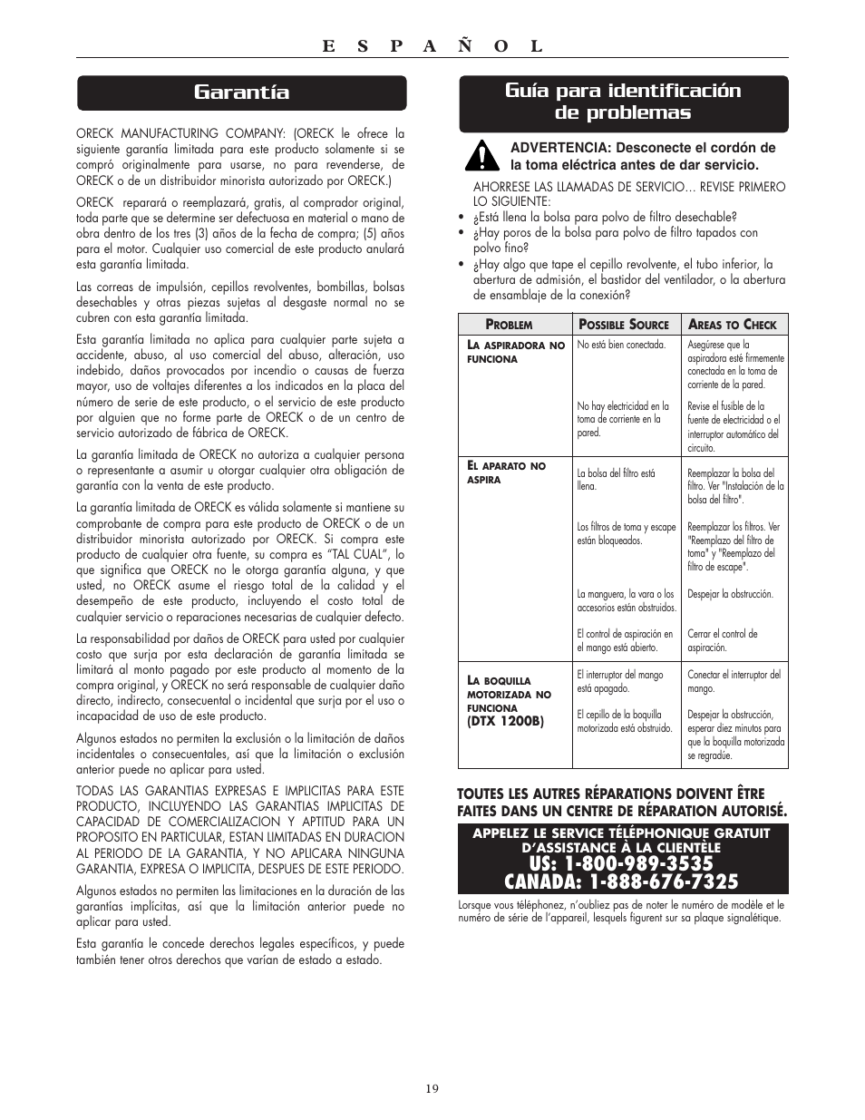Arantía, Uía para identificación de problemas | Oreck Xl DTX User Manual | Page 19 / 24