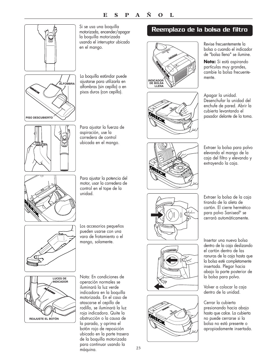 Eemplazo de la bolsa de filtro | Oreck Xl DTX User Manual | Page 23 / 24