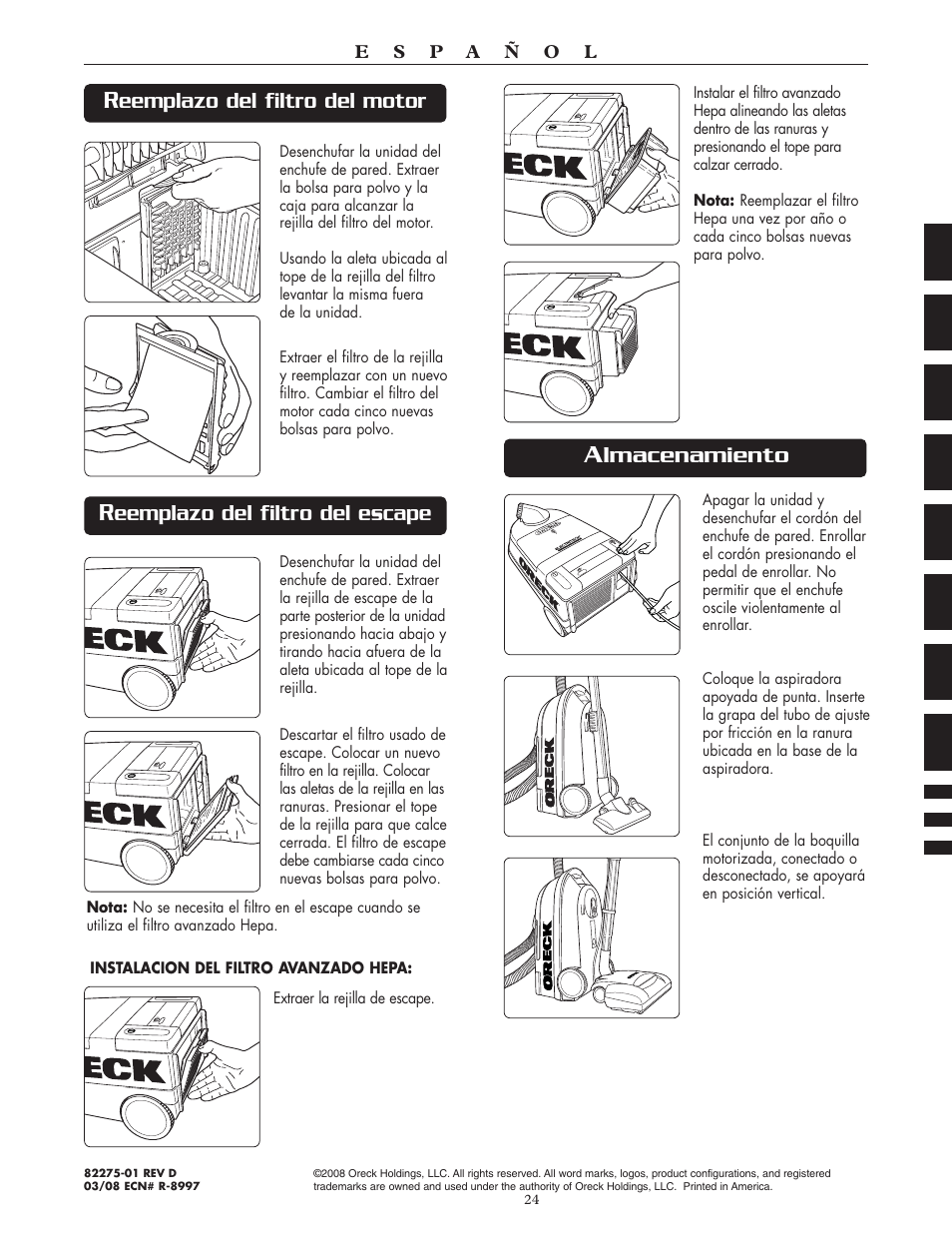 Lmacenamiento, Eemplazo del filtro del motor, Eemplazo del filtro del escape | Oreck Xl DTX User Manual | Page 24 / 24