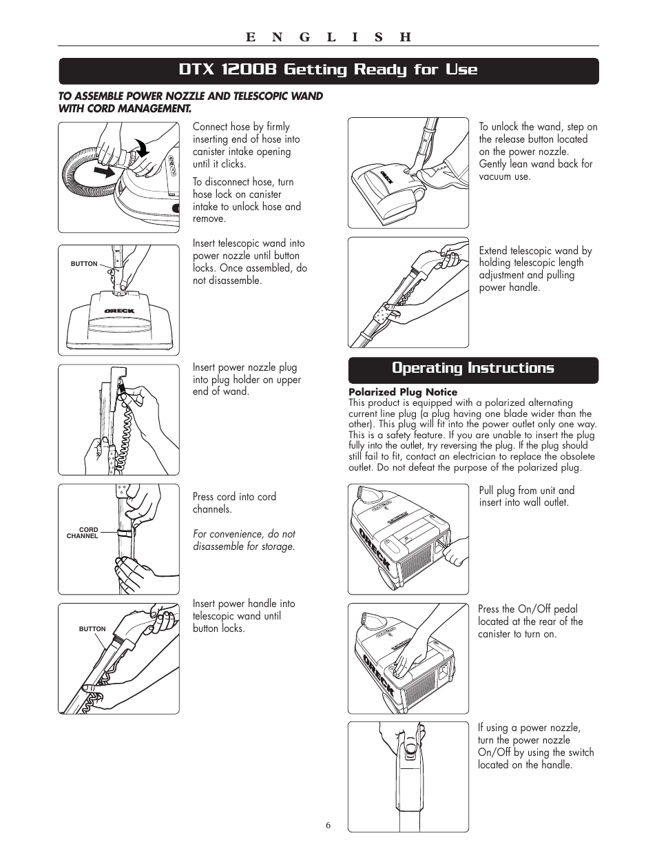 Dtx 1200b g, Etting, Eady for | Perating, Nstructions | Oreck Xl DTX User Manual | Page 6 / 24