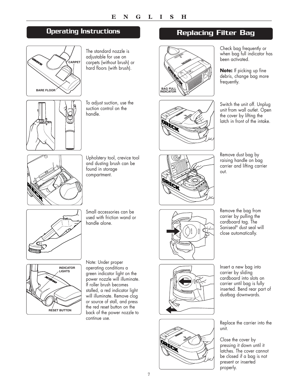 Perating, Nstructions, Eplacing | Ilter | Oreck Xl DTX User Manual | Page 7 / 24