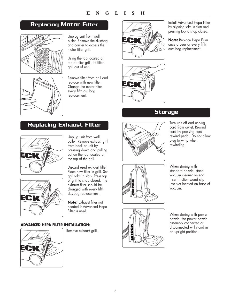 Motor f, Eplacing, Ilter | Xhaust, Torage | Oreck Xl DTX User Manual | Page 8 / 24