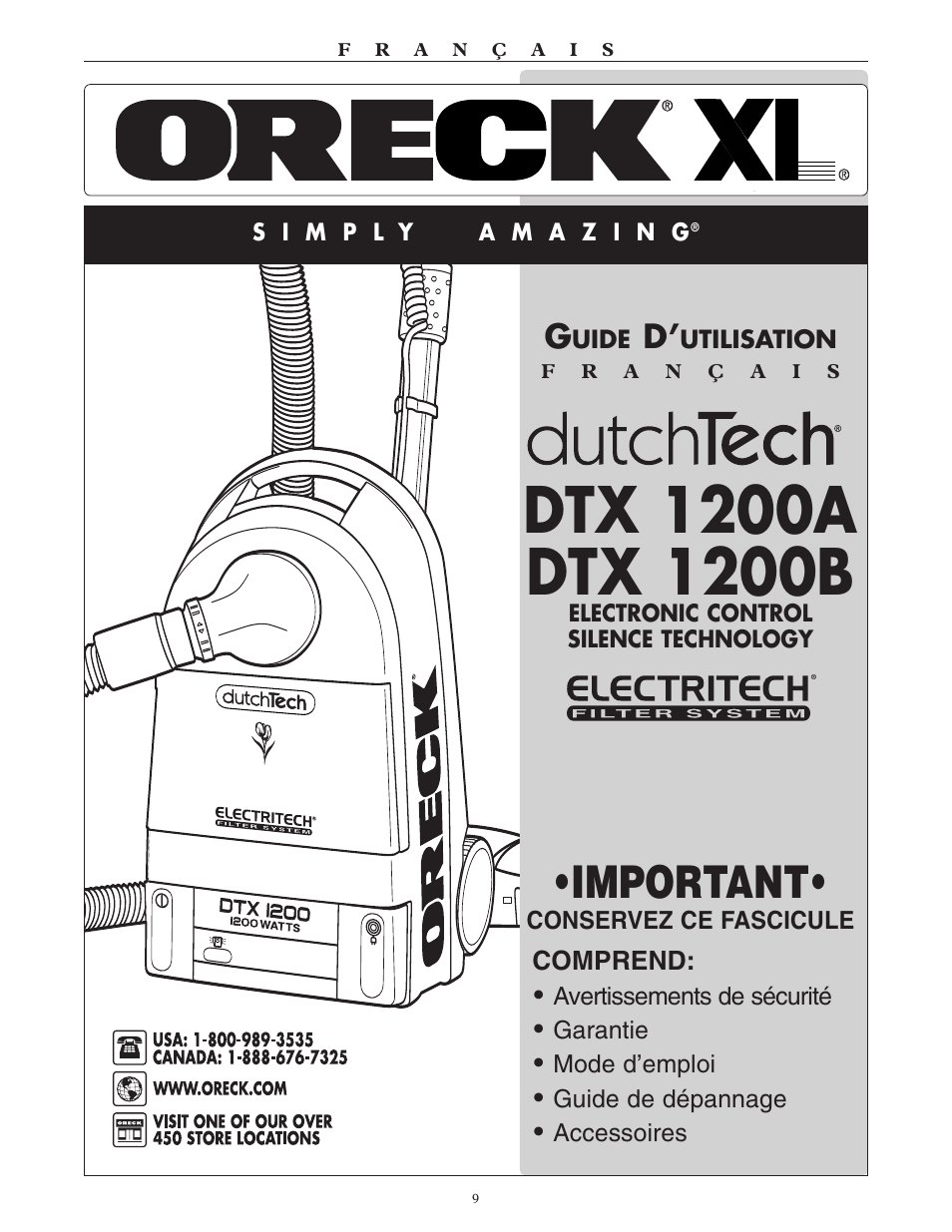 Important | Oreck Xl DTX User Manual | Page 9 / 24