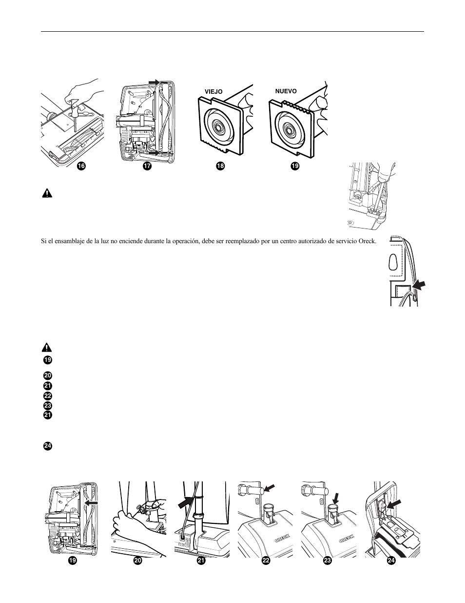 Relleno o bloqueo, Reemplazo del cepilla orillador, Uso de una tableta oreck fresh air | Reemplazo de la bombilla | Oreck XL GOLD SERIES U4151 User Manual | Page 16 / 28