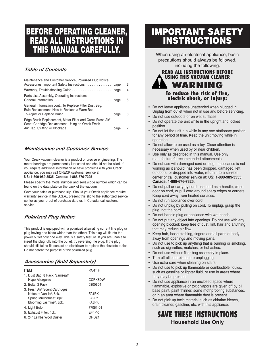 Important safety instructions, Warning, Save these instructions | Household use only | Oreck 77224-01REVC User Manual | Page 4 / 8