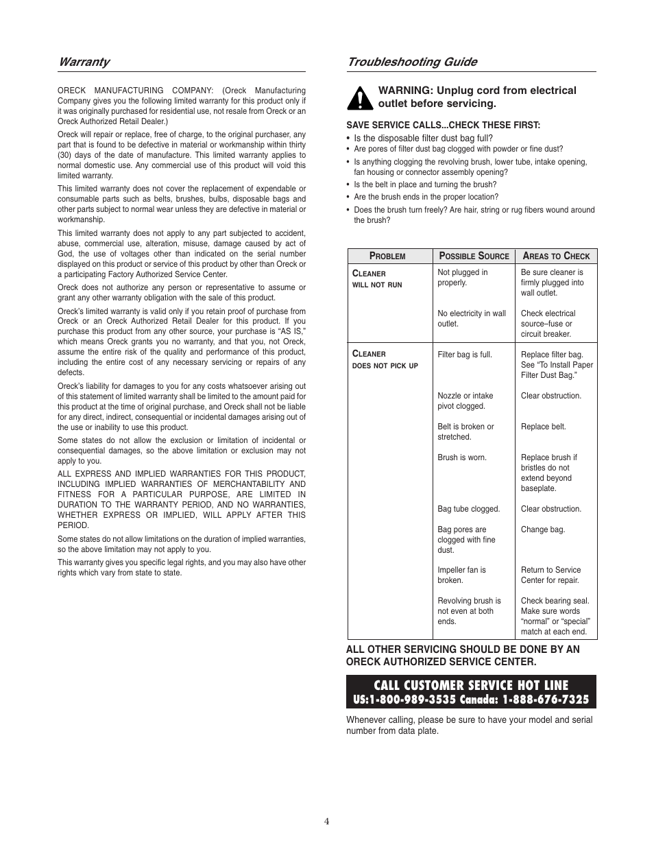 Call customer service hot line, Warranty, Troubleshooting guide | Oreck 77224-01REVC User Manual | Page 5 / 8