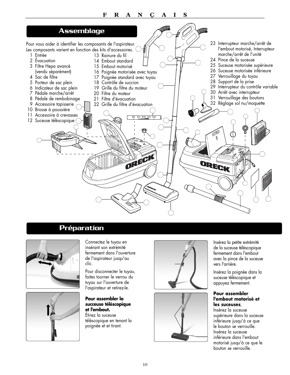 Ssemblage, Réparation | Oreck DUTCHTECH DTX 1300 User Manual | Page 10 / 19