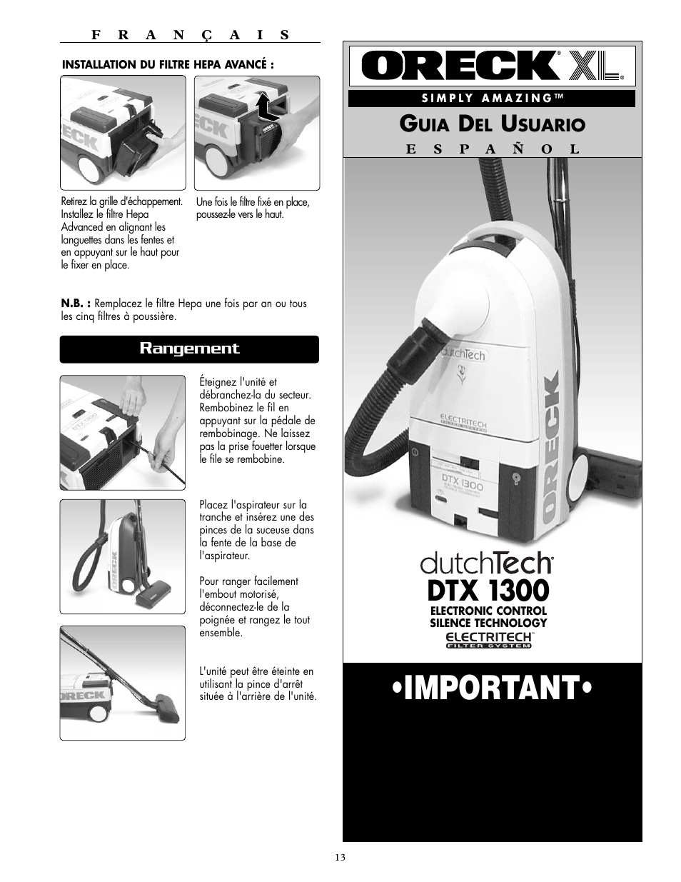 Important, Dtx 1300, Guarde este folleto | Oreck DUTCHTECH DTX 1300 User Manual | Page 13 / 19