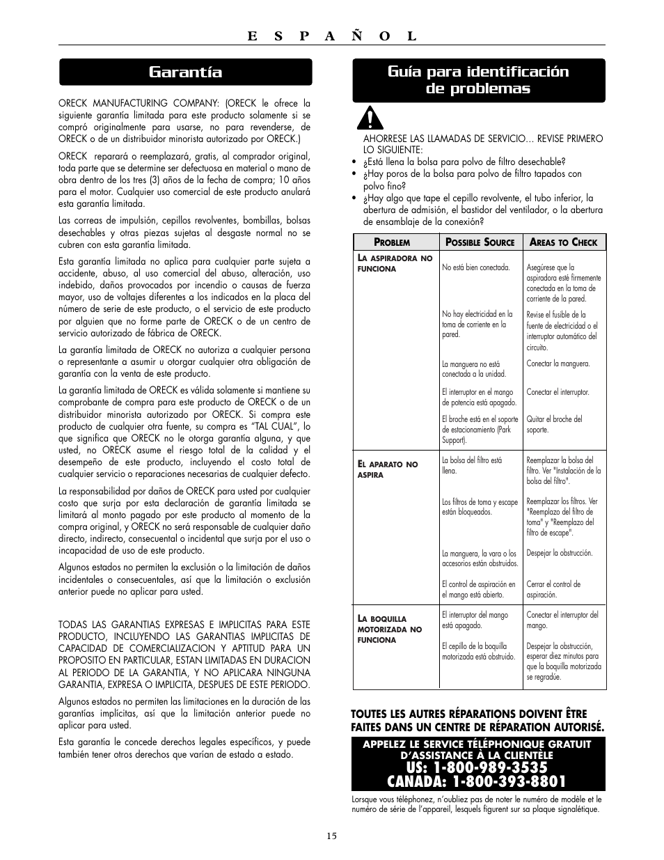 Arantía, Uía para identificación de problemas | Oreck DUTCHTECH DTX 1300 User Manual | Page 15 / 19