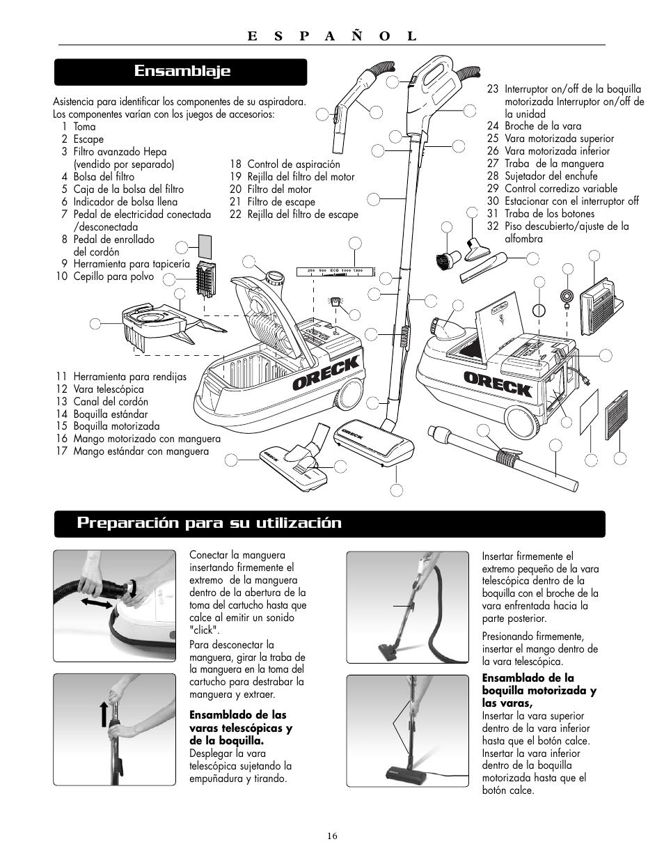 Reparación para su utilización, Nsamblaje | Oreck DUTCHTECH DTX 1300 User Manual | Page 16 / 19